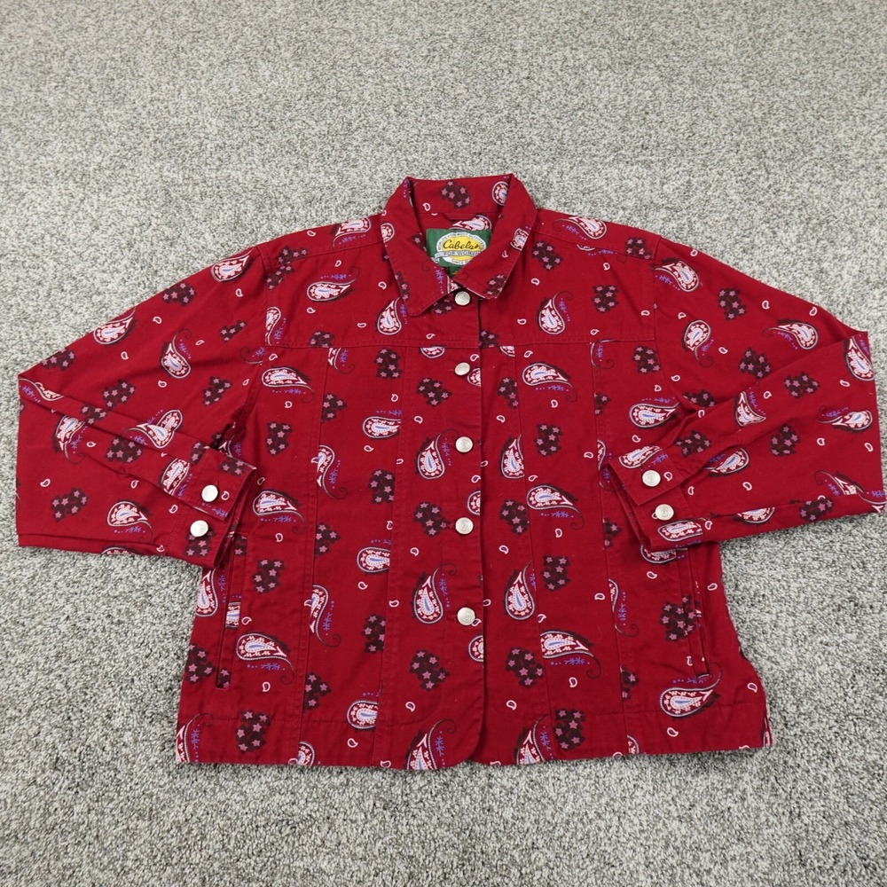 Cabelas Jacket‎ Womens M Red Denim Paisley AOP Western Rodeo Button Bomber Coat